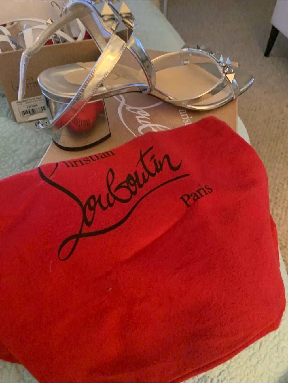 Christian Louboutin Metallic Silver Studded Block Heel Sandals - Picture 2 of 5